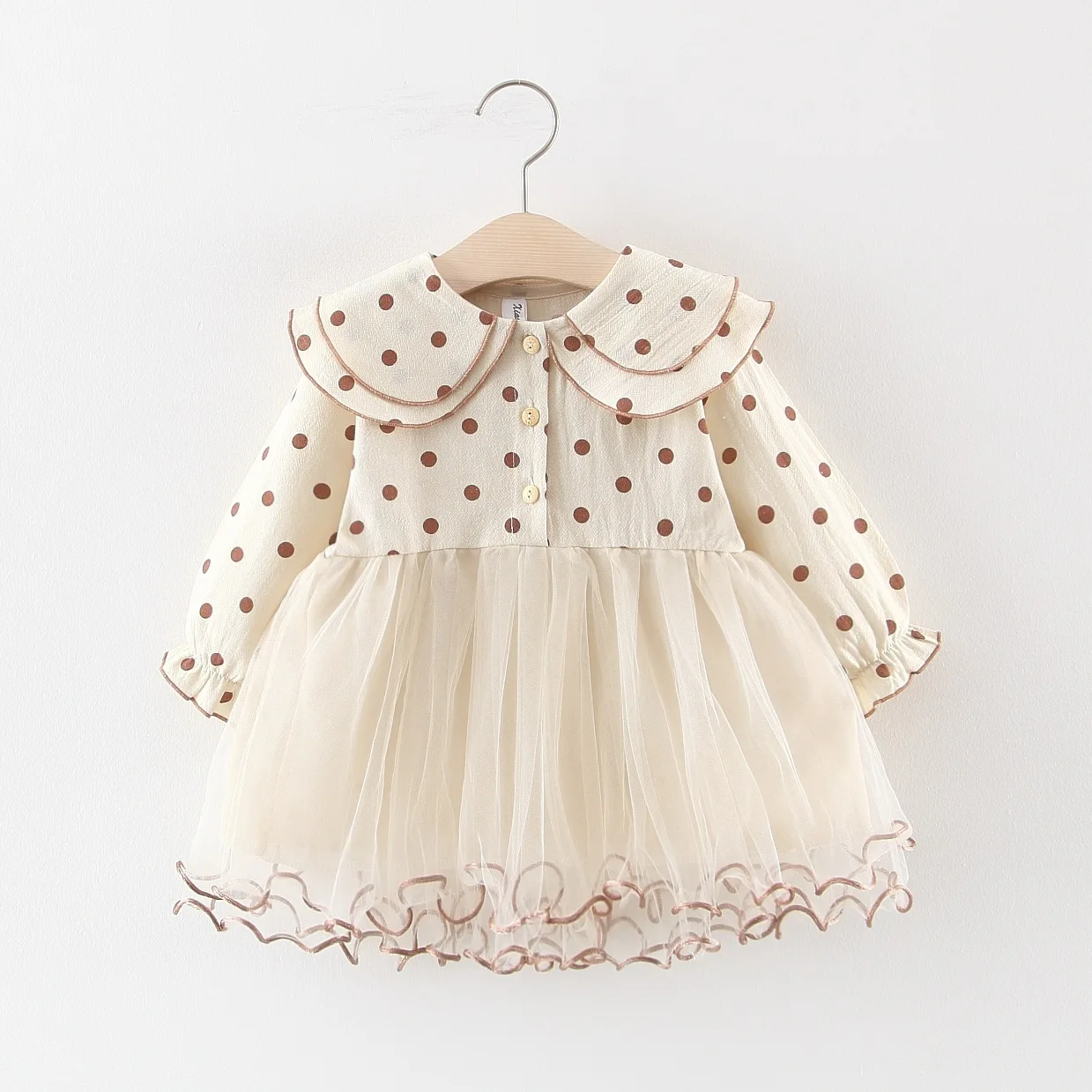 Toddler Polka Dot Ball Gown Princess Dress For Baby Girl Clothes Brand Autumn Newborn Long Sleeve Lapel Birthday Dress 1-3 Years - Цвет: khaki