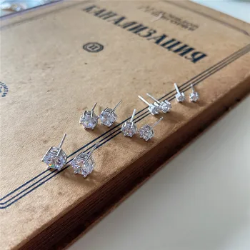 

POFUNUO 925 Sterling Silver Women Stylish Six-jaw Diamond Zircon Stud Earrings Girls 3mm 4mm 5mm 6mm 7mm Six Claws Ear Studs