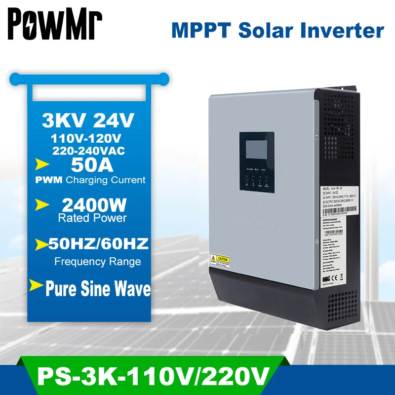 3KVA Pure Sine Wave Hybrid Solar Inverter 24V 220V 110V Built-in PWM 50A Solar Charge Controller and AC Charger for Home Use