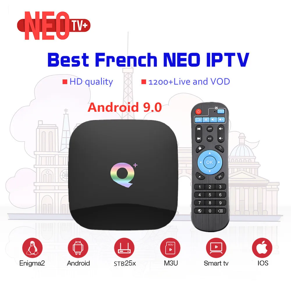 

Q Plus Android 9.0 Smart tv box with 1 Year French IPTV NEO Code for France Belgium Arabic Morocco Europe IPTV M3U enigma2