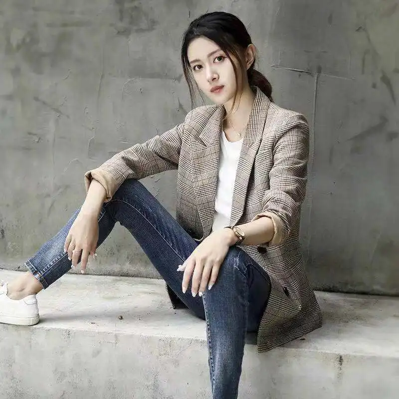 Bella philosophy 2020 spring women plaid notched jackets office lady long sleeve blazer female Elegant Work Business Outwear | Женская
