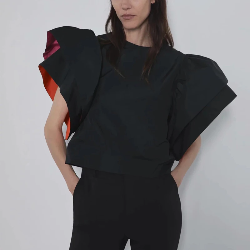 Сексуальная черная женская блузка с пышными рукавами летний женский топ винтажный корейский женский топ и блузки - Цвет: Черный