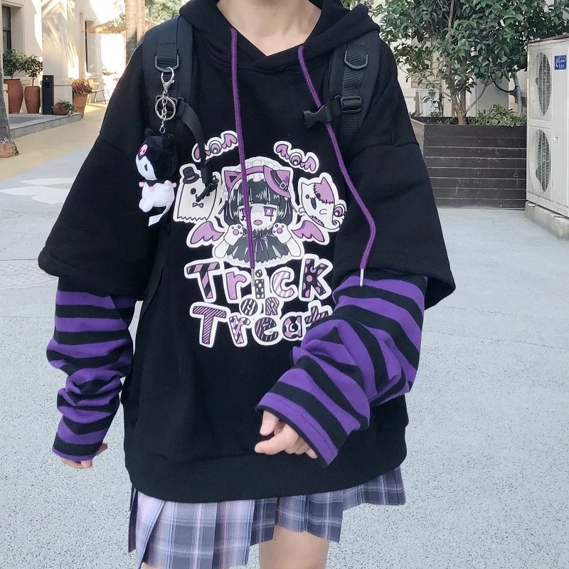 Hooded Sweatshirt Long-Sleeve Hip-Hop Japanese Vintage Harajuku Kawaii Casual Plus-Size
