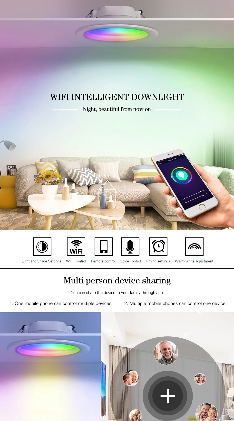 LED Downlight WiFi Smart APP Dimming Round Spot Light 7W 9W RGB Color Changing Warm Cool light Work with Alexa Google Home
