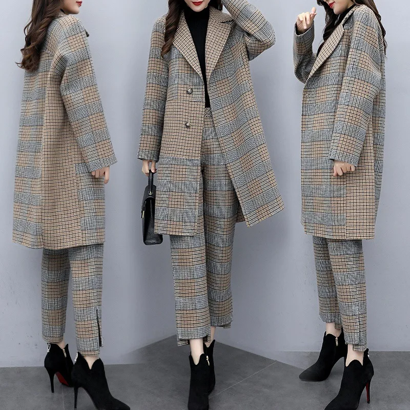 

2019 New Style WOMEN'S Dress Winter Two-Piece Pants Large Size Plaid Woolen Coat Loose Pants Casual Fashion WOMEN'S Suit Fashion