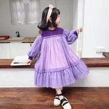 Газовое платье с рукавами-пузырьками фиолетовое платье принцессы для девочек рождественское платье на День Благодарения для девочек