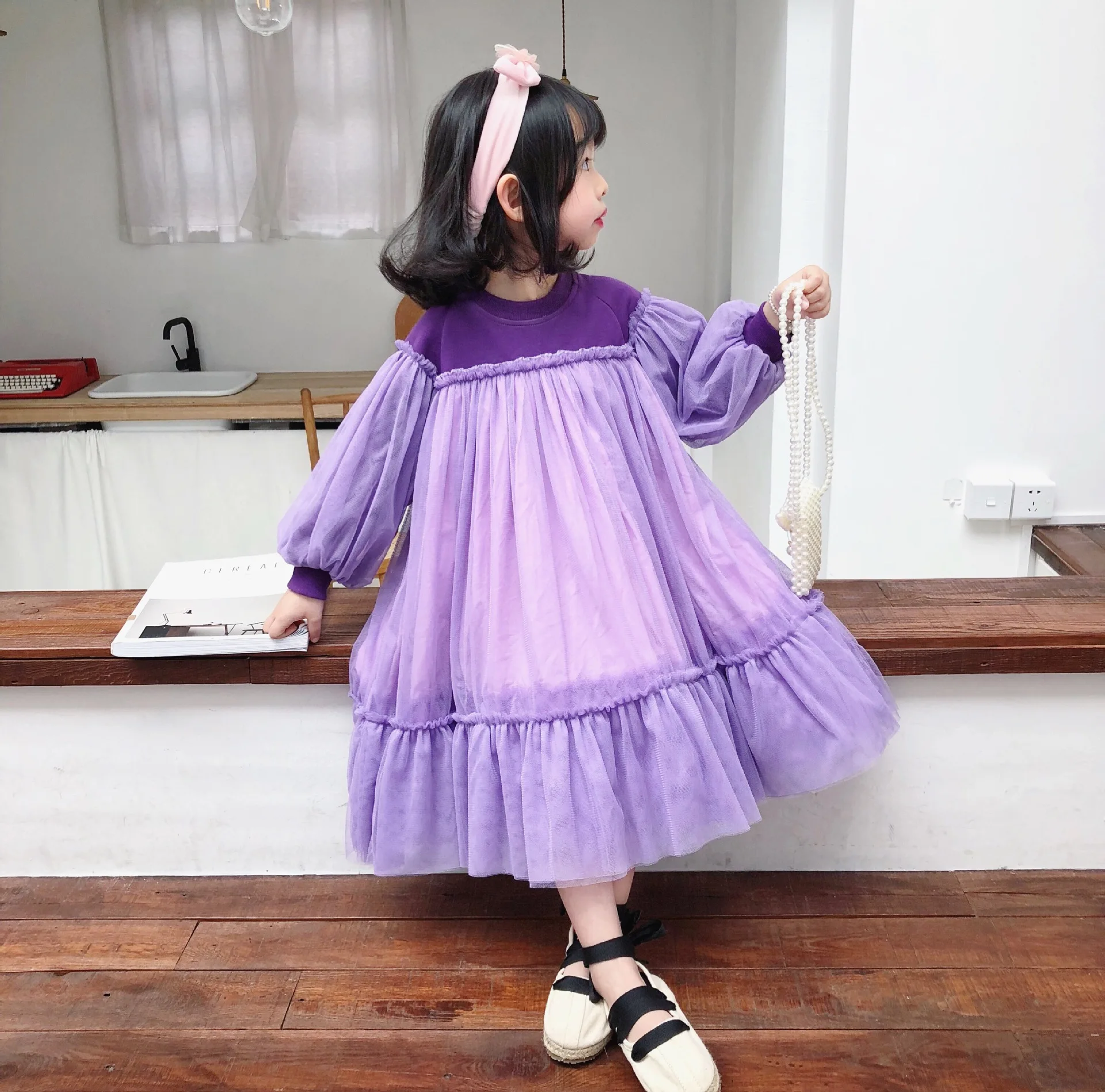 

Bubble sleeve gauze dress girl purple princess dress thanksgiving christmas dress girl