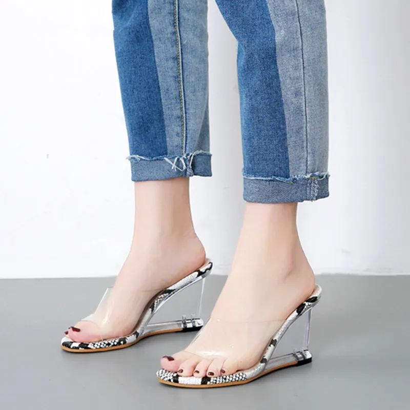 

2019 PVC Leopard Platform Wedge Sandals Slippers Woman Sexy Summer Sandals Women Clear Transparent Ultra High Heels Shoe