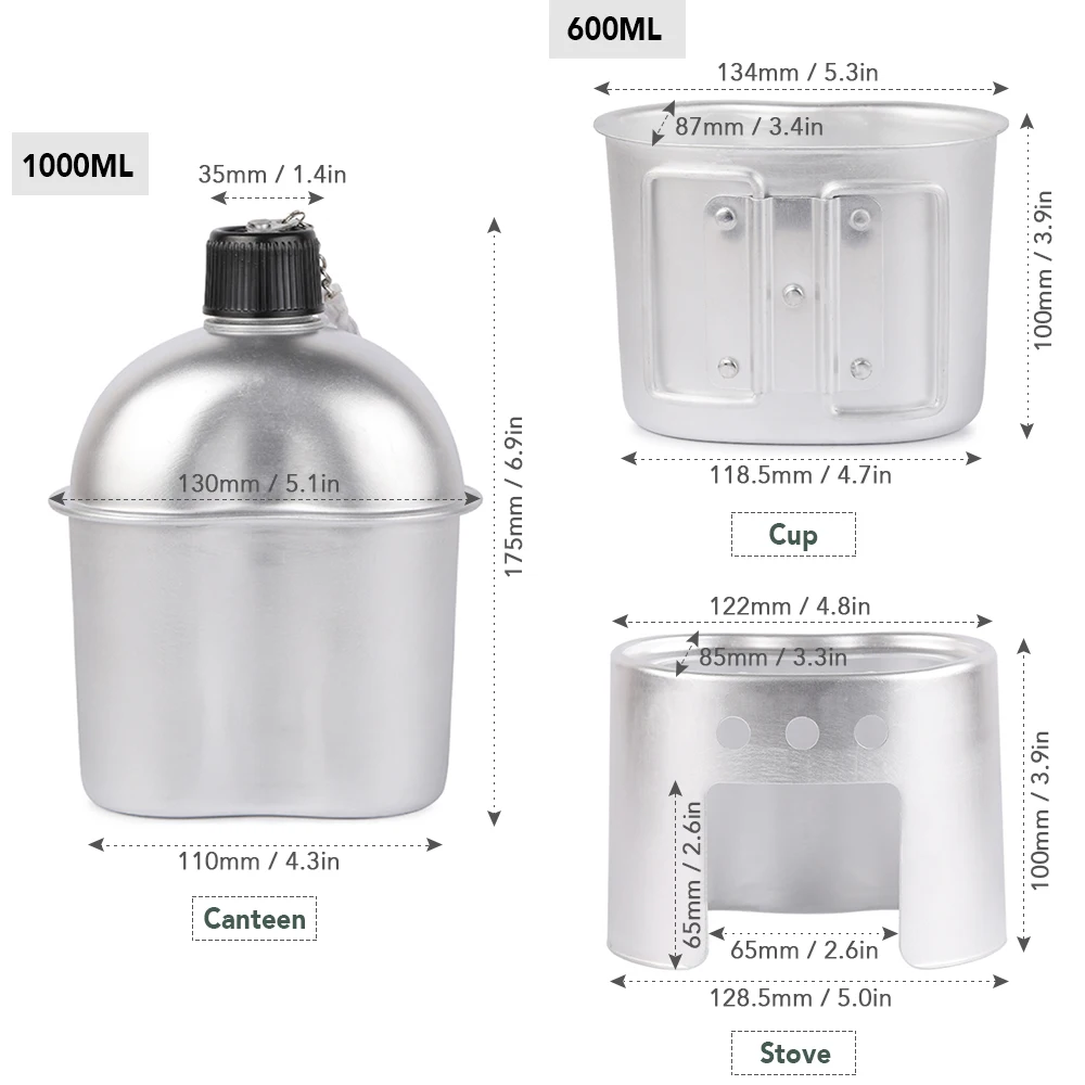  3pcs Cookware Set Ultra-light Aluminum Alloy Military Canteen Cup Wood Stove Cover Bag Camping Hiki
