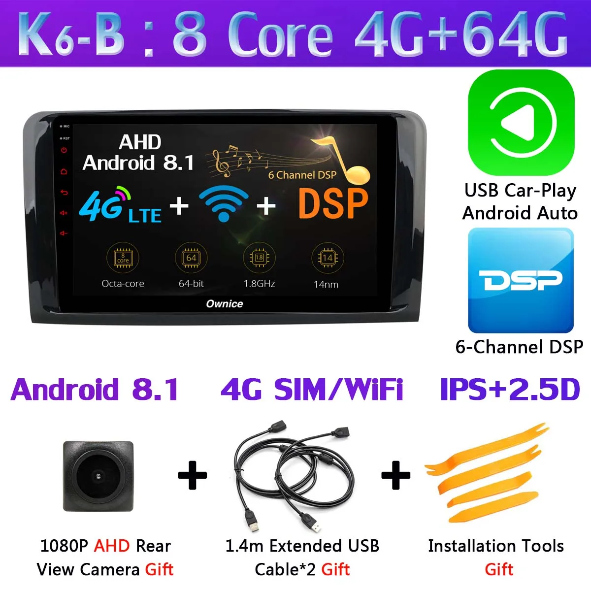 K6-B-CarPlay 1Din 360 ° камера 4G LTE Android 9,0 4 Гб+ 64 Гб SPDIF DSP CarPlay автомобильный мультимедийный плеер для Mercedes Benz ML GL W164 X164 gps радио - Цвет: K6-B-CarPlay