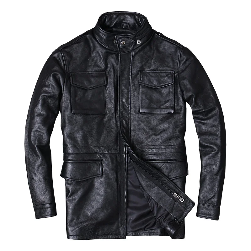 

2020 Black Men Stand Colar M65 Jacket Large Size 5XL Genuine Cowhide Russian Style Safari Leather Coat