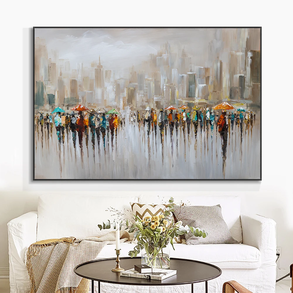 Abstract Many People Working In The Rain With Umbrellas Oil Painting 100% Handpainted On Canvas Handmade Wall Art For Home Decor