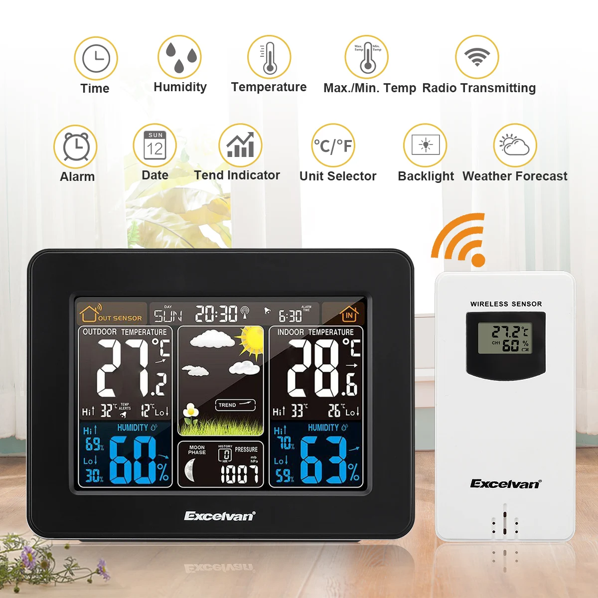 

Excelvan LCD Digital Wireless Weather Station with IndoorOutdoor RCC Wireless Detector with Wireless Sensor Alarm Clock Forecast
