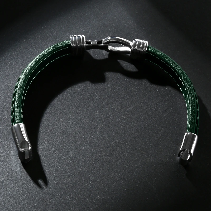 Retro New Arrival Genuine Leather Stainless Steel Bangle Women High Quality Fashion Jewelry Men's Bracelet Green