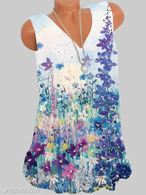 Fashion printing large size women T-shirt V-neck sleeveless vest casual ladies T-shirt women tops 26