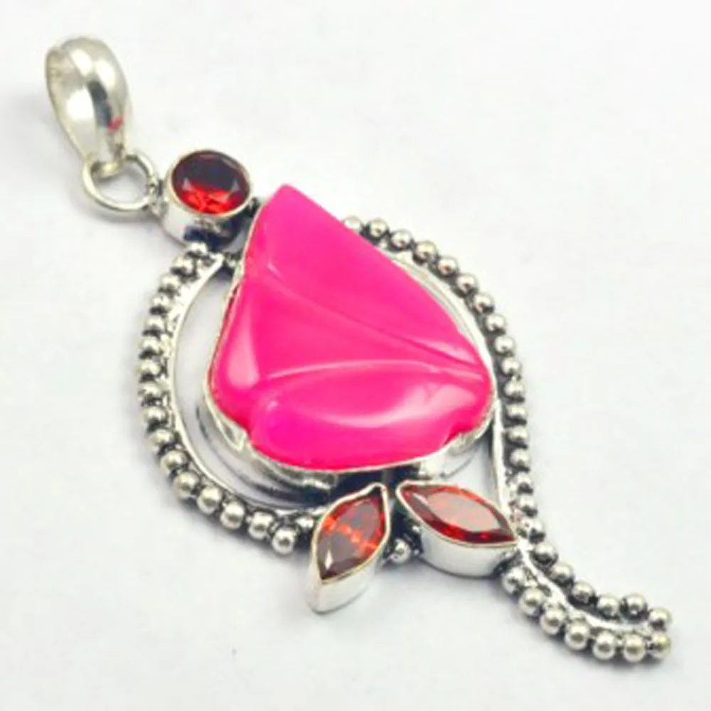 Розовый Carve& Garnets КУЛОН Серебряная накладка над медью, размер США 77 мм, P5295