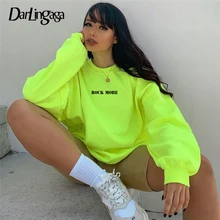 Darlingaga Streetwear Soltos Mulheres Pulôver da Camisola Verde Neon Letra Impressa Casual Inverno Camisolas Hoodies Roupas Kpop(China)