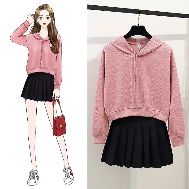 

ICHOIX Casual Hoodies 2 Piece Set women Korean crop tops 2 Piece Outfits Sweatshirt student pleated mini Skirt Set girl suits