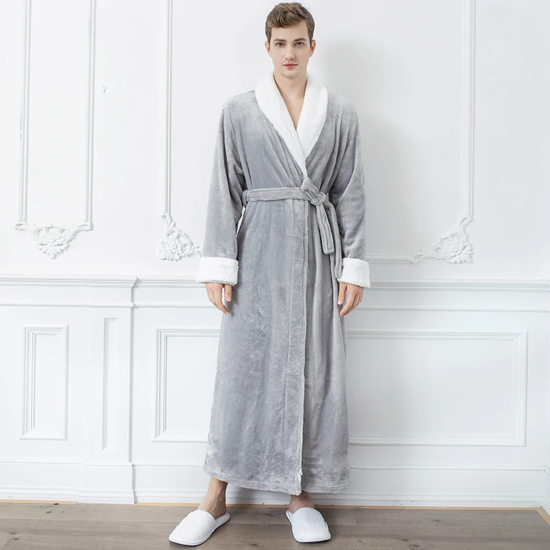 Jmwss QD Men Winter Warm Sleepwear Lounge Long Thicken Bath Robe Flannel Robes