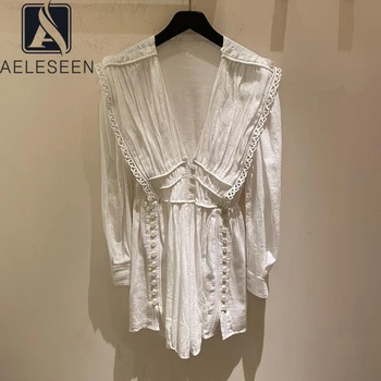 

AELESEEN Summer Cotton Dress Runway Fashion Women White Dress V-Neck Classic Ruffles Lace Party Holiday Mini Dress
