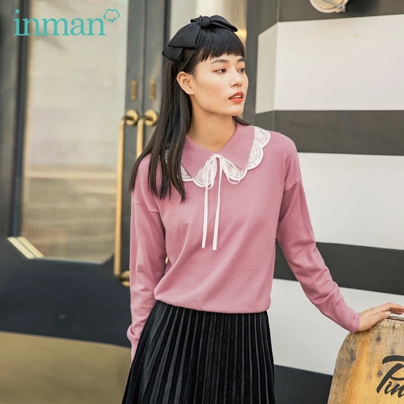 INMAN Autumn Winter Sweet Jumper Cute Lady Tops Kawaii Girl Clothes Bow Tie Embroidered Knit Pullover Women's Sweater | Женская
