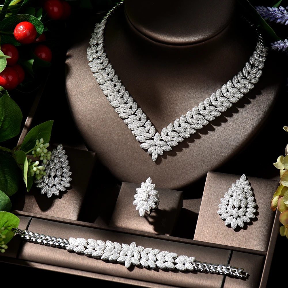

HIBRIDE New Arrival AAA CZ Bridal Wedding Jewelry Sets Leaf Shape 4pc Set for Women Fashion Jewelry Parure Bijoux Femme N-1295