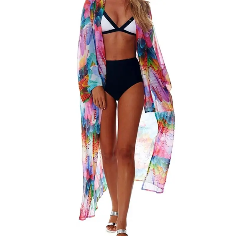 

Womens Beach Vacation Swimsuit Cover Up Rainbow Colored Feathers Digital Printed Open Front Kimono Cardigan Semi Sheer Maxi Robe