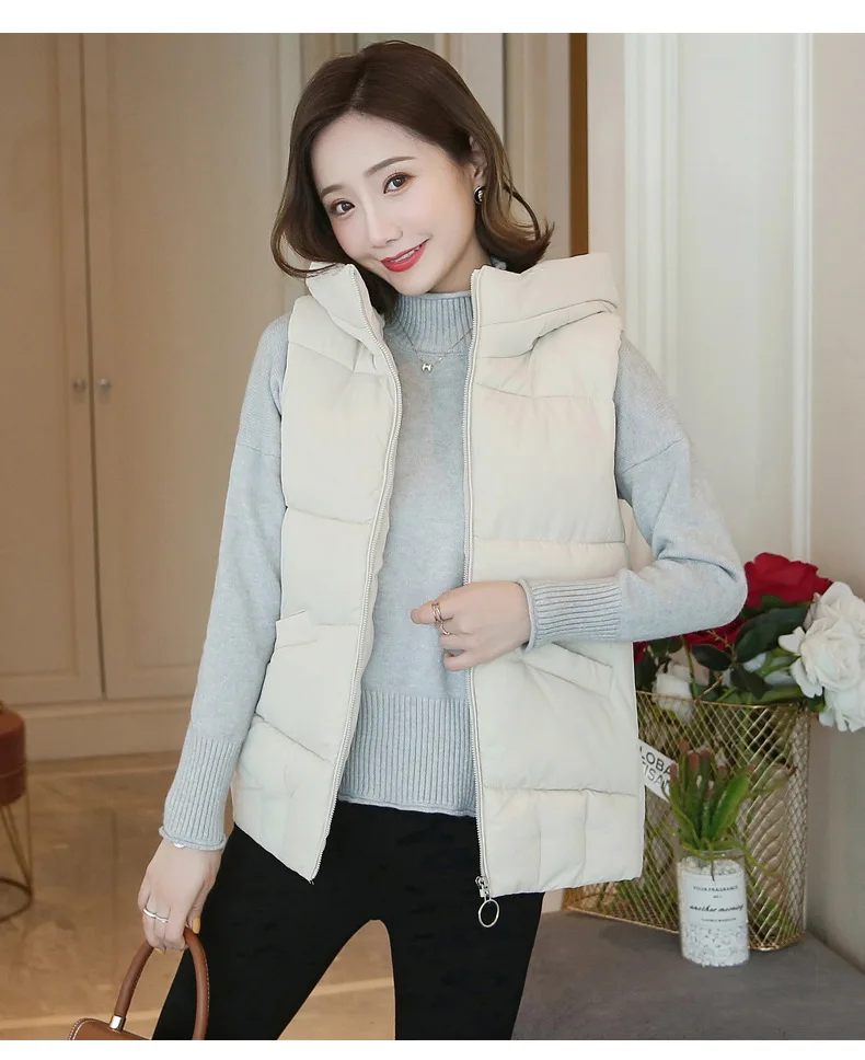 Lugentolo Women's Vest Vest Short Cotton Clothing Autumn and Winter Loose Solid Color Zipper Hooded Vest Cotton Clothing