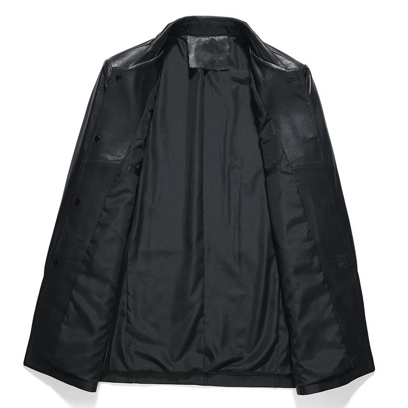 60% OFF Spring New Leather Men Medium Long Lapel Sheepskin Coat Autumn Solid Black Pockets High Quality Genuine Leather Loose Jackets