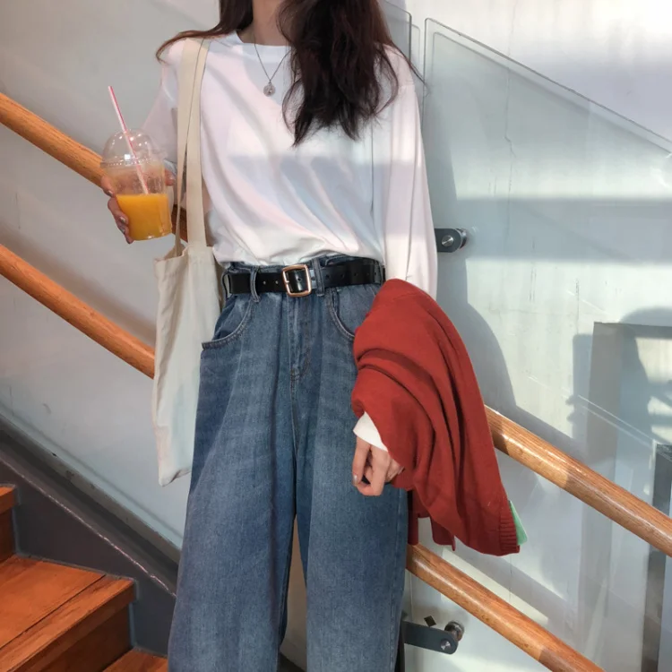 Harajuku Осенние футболки, Женская Корейская одежда, одноцветная свободная универсальная простая футболка для отдыха, студенческие Топы с длинным рукавом и круглым вырезом
