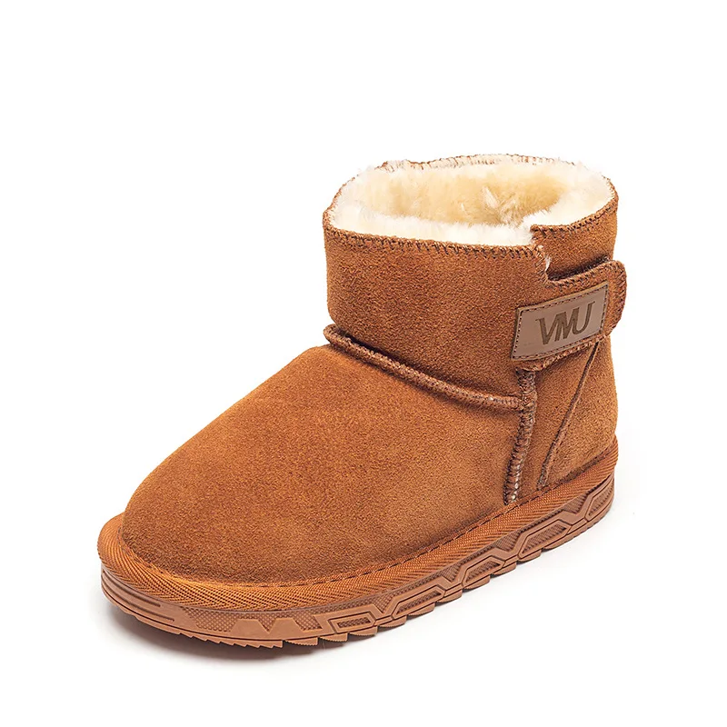 Brown Winter New Children Girls Snow Boots Shoes Boys Warm Plush Soft Bottom Girls Boots Leather Snow Boot For Kids Cotton Shoes - Цвет: Brown