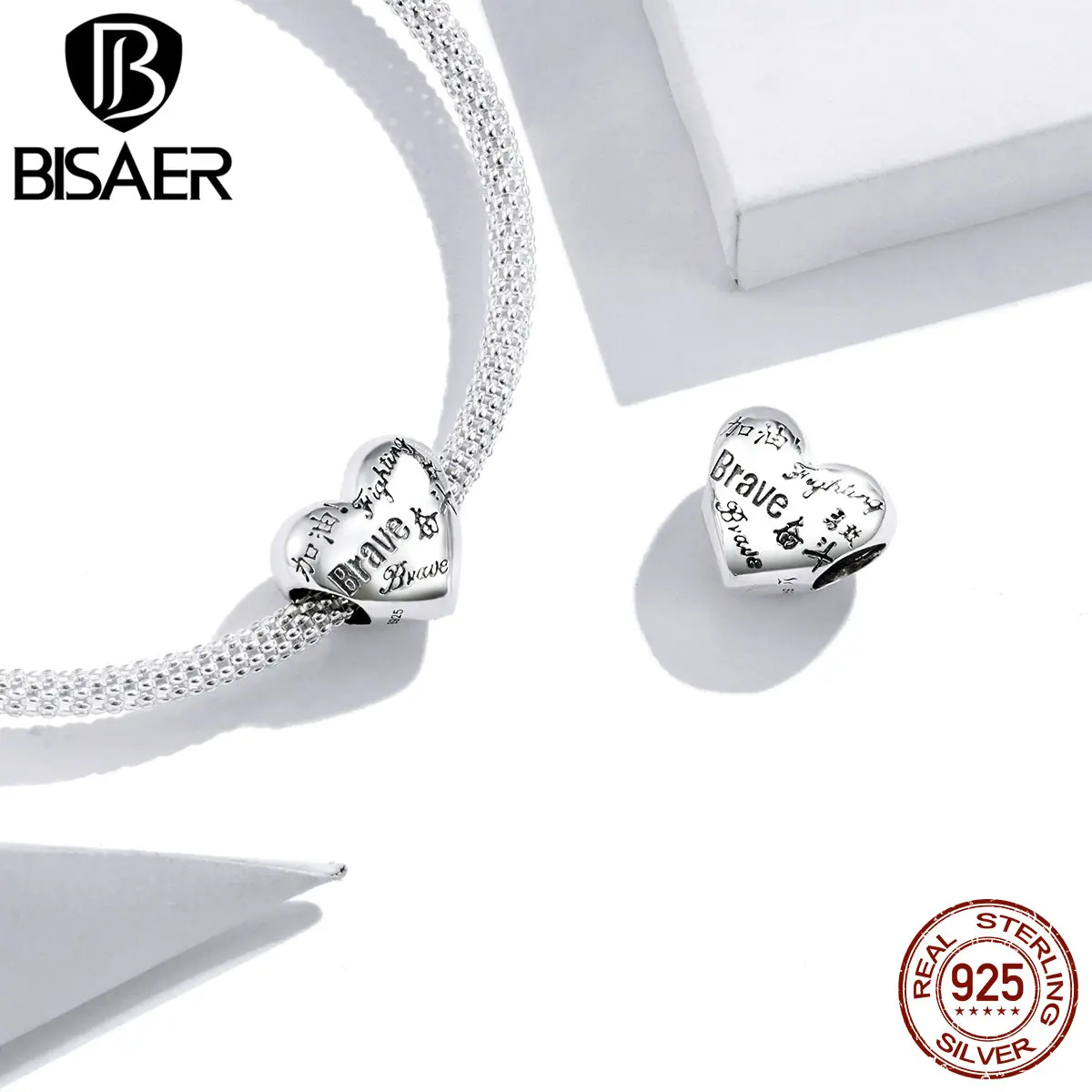 

BISAER Classic heart-shaped Beads 925 Sterling Silver Positive Energy Letters Charms Pendant Fit Bracelet Necklace Jewelry
