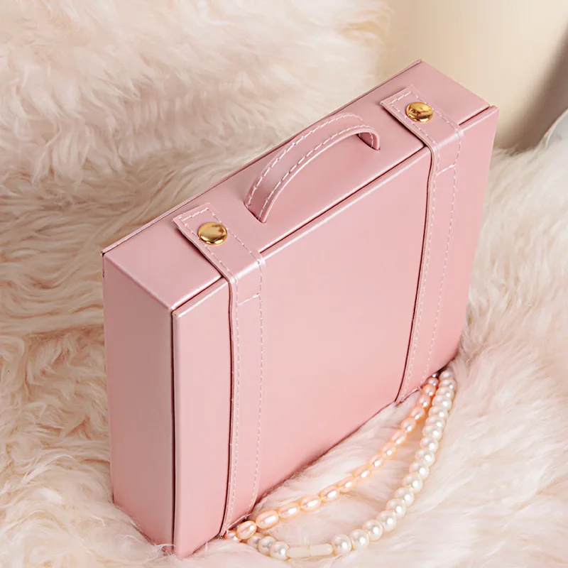 Portable Travel Jewelry Storage Box Earrings Rings Necklace Pink Jewelry Organizer Case with Mirror Large Space Stand Gifts 6pcs lot 18x13x3 3cm rectangle jewelry cardboard boxes for nacklaces rings and earrings christmas xmas gift package with bowknot