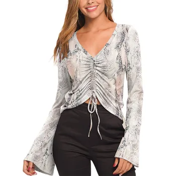

Women´s Print V-neck Flared Sleeve Drawstring Tops Casual Stylish Long Sleeve Slim Blouse