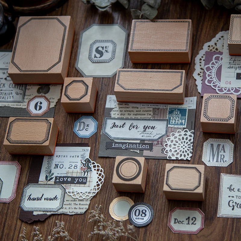 Sello de madera y goma Retro para decoración de tarjetas para álbum de recortes DIY, serie de etiquetas para diario, planificador, Marco, grabado artesanal