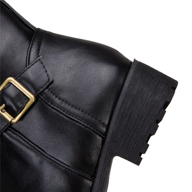 MoonMeek winter keep warm pu leather mid calf boots low heel round toe buckle black comfortable half boots for woman