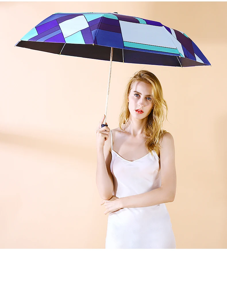 High Quality Elegant Stitching Lattice Three-folding Umbrella Rain Women Luxury Golden Umbrella Strong Windproof Parasol