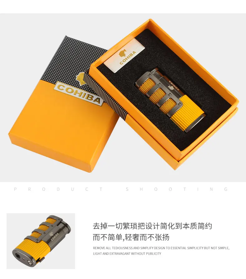 COHIBA металлические зажигалки 3 струи пламени прикуривателя карманные аксессуары для сигар встроенные сигары пробойник газовые зажигалки с бутаном W/Подарочная коробка