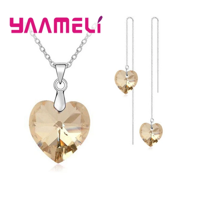 Love Heart Shape Women 925 Sterling Silver Bridal Jewelry Set For Wedding Fashion Crystal Pendants Necklaces Earring Set 