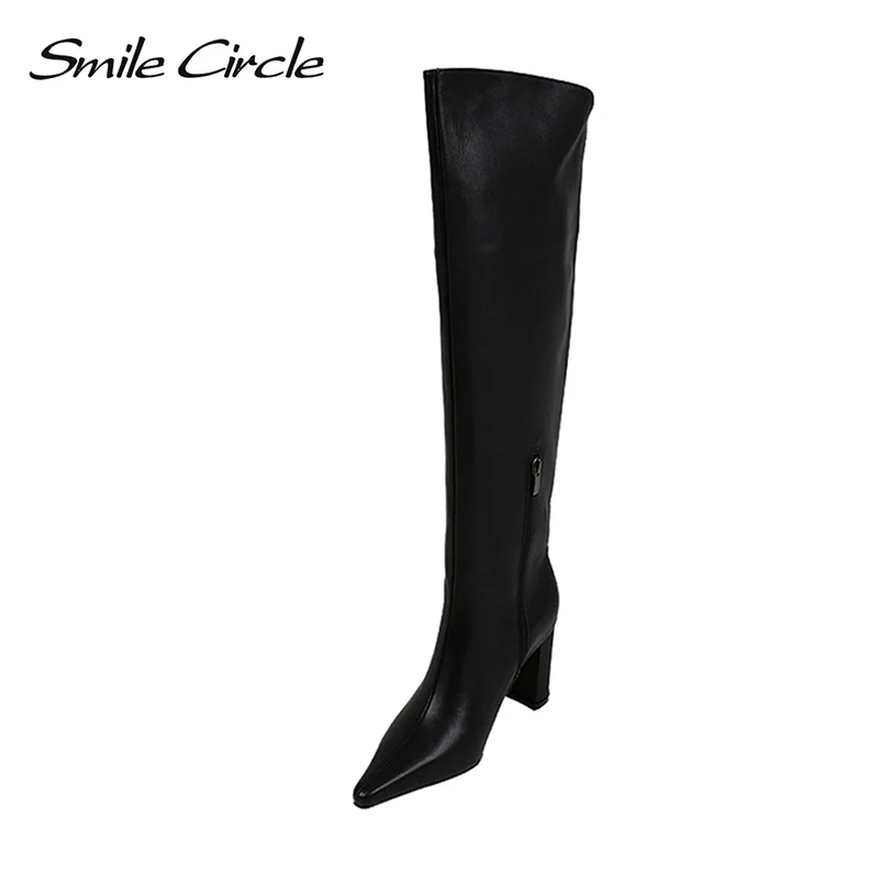 

Smile Circle To the knee boots Women Slip-on Long Boots Square head 2019 Pointed toe High heel Ladies Shoes