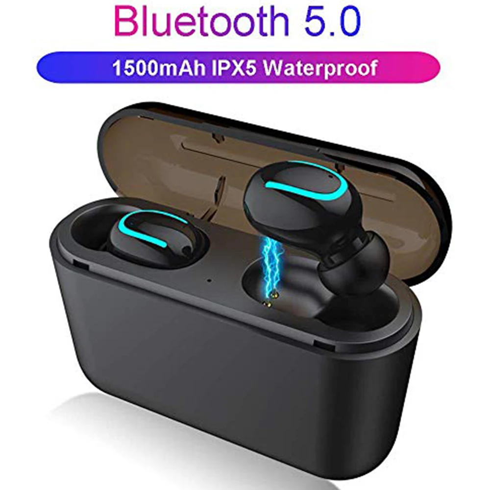 Черный TWS светодиодный Bluetooth 5,0 наушники беспроводные наушники спортивные свободные наушники 3D стерео игровая гарнитура с микрофоном зарядная коробка - Цвет: Черный