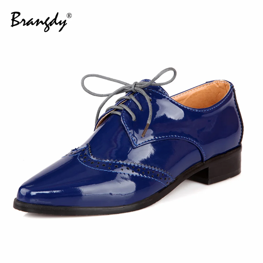 Brangdy Fashion Women Oxford Shoes Patent Leather Spring Autumn Women Brogue Shoes Pointed Toe Women Flats Lace Up Size34-43