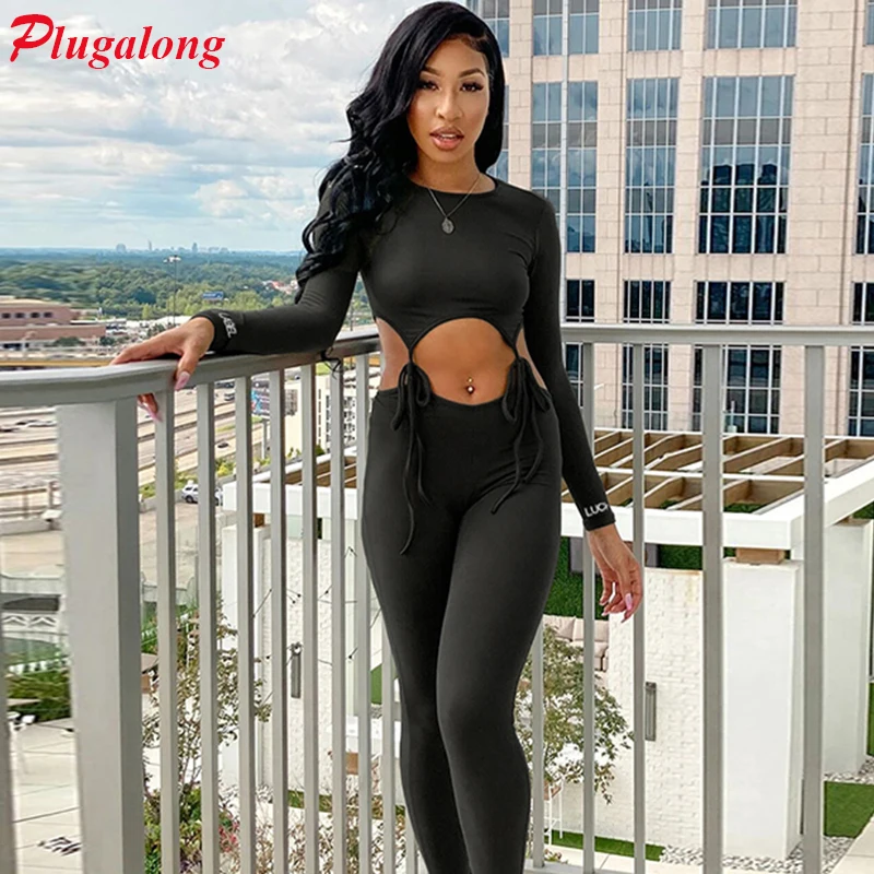 

Plugalong Sport Wear 2 Piece Set Women Hollow Out Bandage Sexy Tops And Pants Women'S Clothing Tracksuits Bodycon Outfits Sets