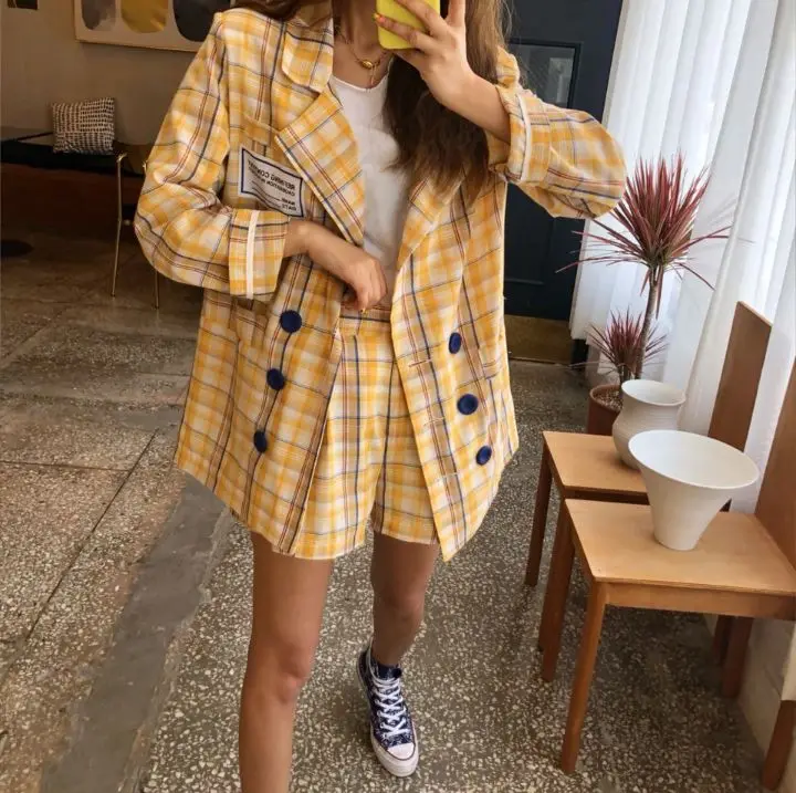 

Milinsus Women Shorts and Blazer Plaid Suit Coat and Broad-legged Short Two Piece Set Ladies Office Suits Costume Femme 2019