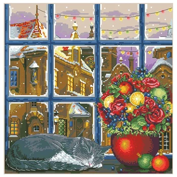 

14/22/25ct Counted Cross Stitch Kit Winter Sleep Cat Kitten on Windowsill Nap Snow