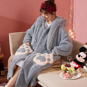 

Autumn Winter Sweet Plus Velvet Women Nightgown Long Sleeve Cardigan Button Warm Loose Hooded Cartoon Home Pocket Night robe