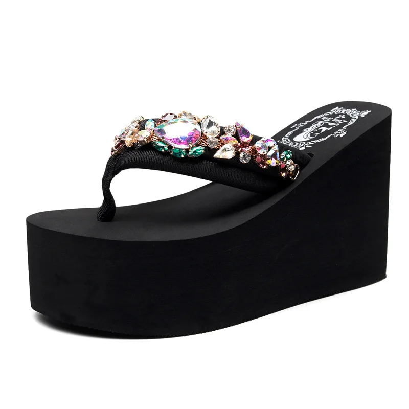 Women's Rhinestones Crystal High Heel Sandals Slippers Wedge Flip Flop Shoes 