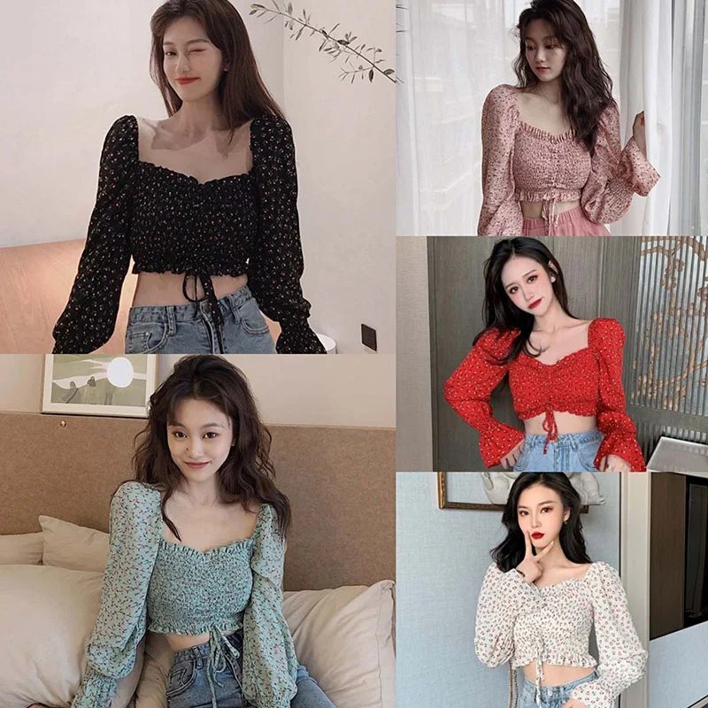 2020 Fashion Square Collar Women Pleated Small Floral Print Shirt Long Sleeve Short Sweet Chiffon Blouse 2
