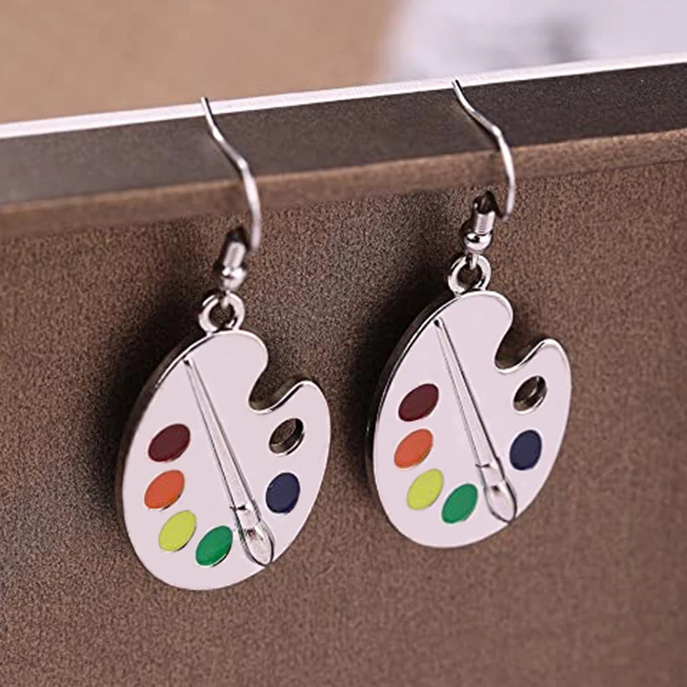 Drop Earrings Dangle Earrings Long Earrings Dome Teardrop Earrings Palette Shape Women Earring Brushes and Five-color Paints Personality Girl Earring Unique Gift for Painter
