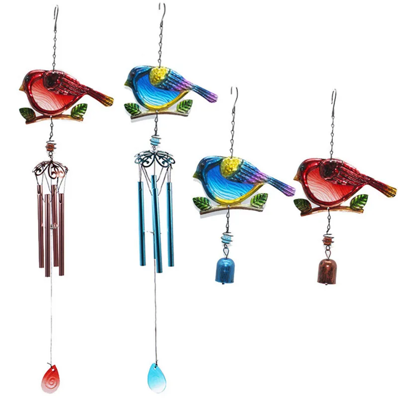 

1PC Small Bird Garden Wind Chimes Creative Design Portable Metal Glass Blue Red Pendants Suitable For Home Balcony Decorations